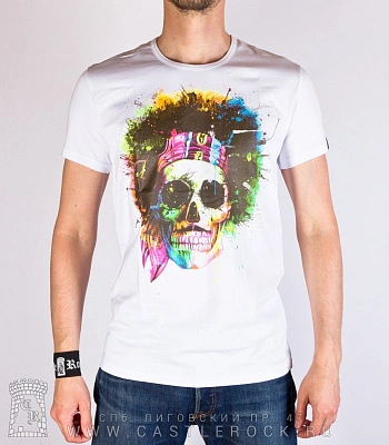 футболка череп хиппи (белая, светится)
