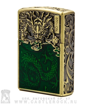 зажигалка фирменная дракон (эмаль зеленая, бронза)