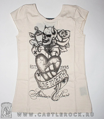 футболка детская addiction сердце череп роза "love to death" (бежевая)