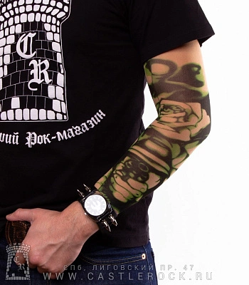 тату рукав череп, роза, девушка