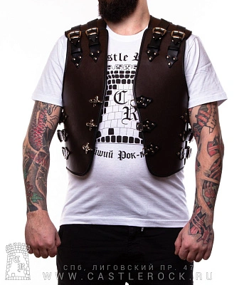 жилет байкерский кожаный с карабинами (коричневый, черные ремни)
