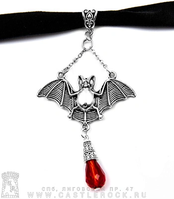 чокер бархатный черный летучая мышь с камнем красным