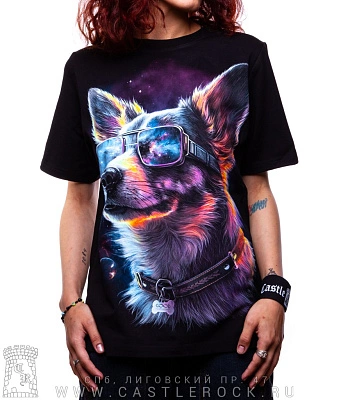 женская футболка пес космический (прямая, светится)