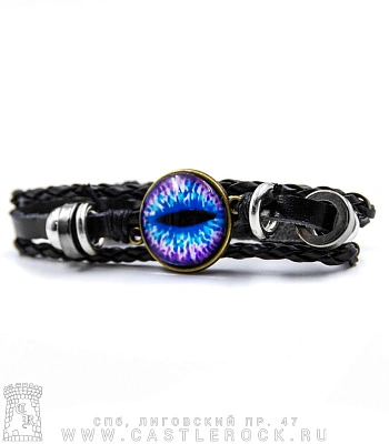 фенечка кожаная кабошон глаз синий с фиолетовым (кошачий, черная)