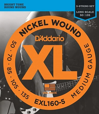 струны d'addario никелированные для бас-гитары (пятиструнной) exl160-5