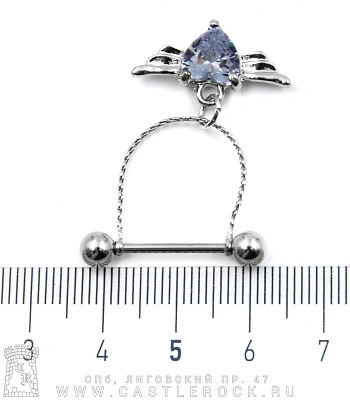 Штанга Сталь Сердце Крылатое на Цепи (страз прозрачный) 1,6 х 16 х 5/5