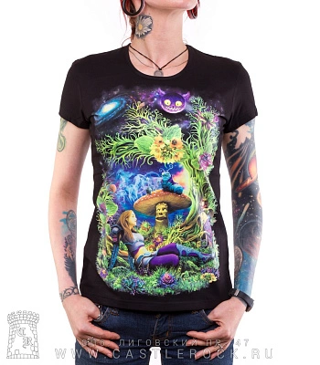 женская футболка алиса в стране чудес (космос, светится)