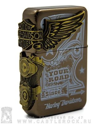 зажигалка фирменная harley-davidson "your road" (двигатель, металлик, затемненная)
