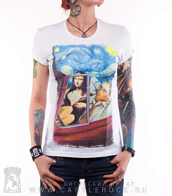 женская футболка ван гог и мона лиза (белая, светится)
