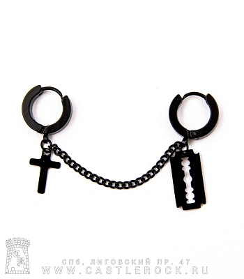 серьга кафф лезвие и крест (кликеры, цепочка, черная)