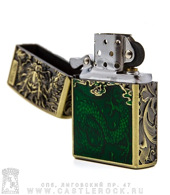 зажигалка фирменная дракон (эмаль зеленая, бронза)