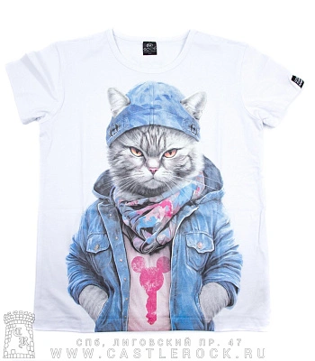 футболка детская кот модник (белая, светится)