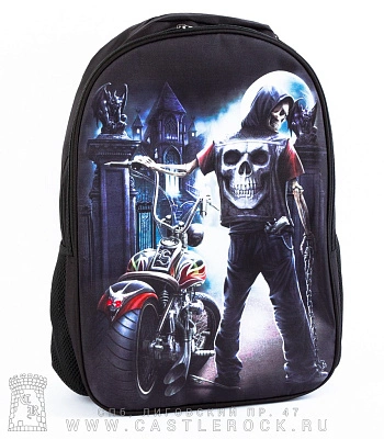 рюкзак принт скелет байкера и склеп