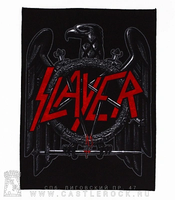 нашивка на спину slayer (орел ч/б, надпись красная, темный принт)