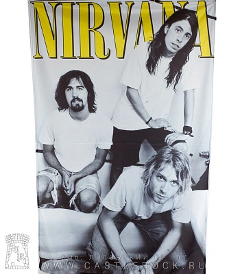 постер тканевый nirvana (группа ч/б, надпись желтая)