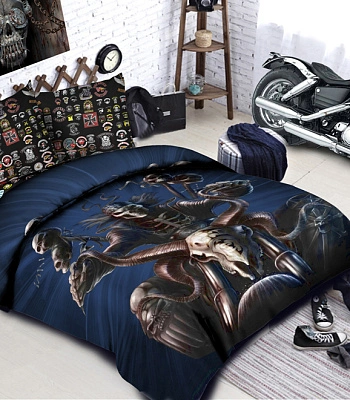 комплект постельного белья скелет на мотоцикле