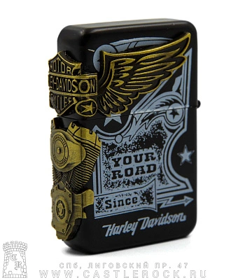 зажигалка фирменная harley-davidson "your road" (двигатель, черная)