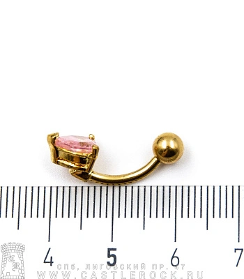 Банан Сталь Золотистый с Шариком и Стразом Сердце (розовым) 1,6 х 10 х 5/7