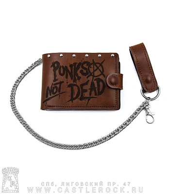 портмоне с цепью punks not dead (гравировка, на кнопке, коричневое, ручная работа)