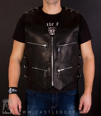 жилет байкерский кожаный на молнии с пряжками