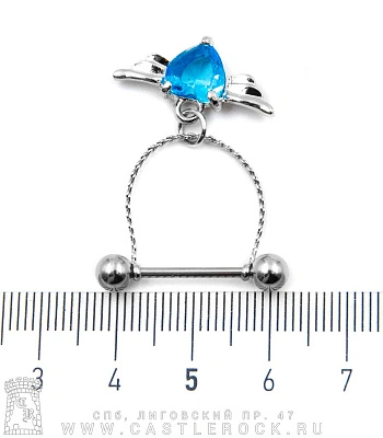Штанга Сталь Сердце Крылатое на Цепи (страз голубой) 1,6 х 16 х 5/5