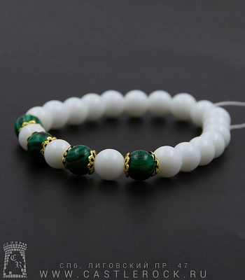 браслет из натурального камня агат белый и малахит (с вставками, 8 мм)
