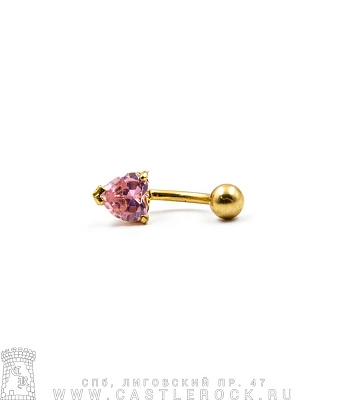 Банан Сталь Золотистый с Шариком и Стразом Сердце (розовым) 1,6 х 10 х 5/7