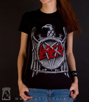 женская футболка slayer (орел серый, надпись красная)