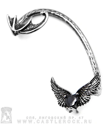 серьга кафф сердце крылатое (страз черный)