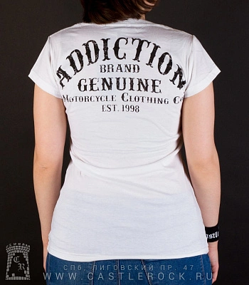 женская футболка addiction мотоцикл "genuine" (белая)