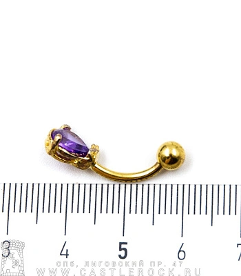 Банан Сталь Золотистый с Шариком и Стразом Капля (фиолетовым) 1,6 х 10 х 5/8