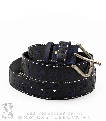 ремень кожаный узор 22 (иероглифы, синий, прострочка белая)