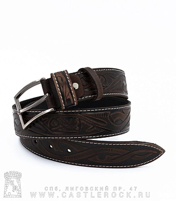 ремень кожаный узор 15 (кельтский, коричневый, прострочка белая)