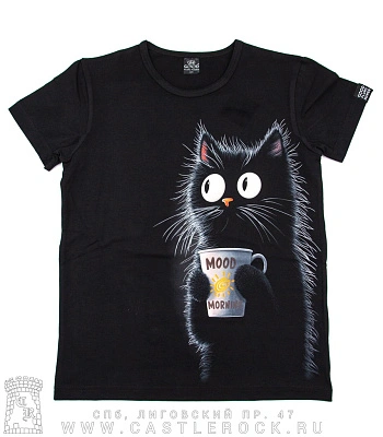 футболка детская котенок с кофе "mood morning" (светится)