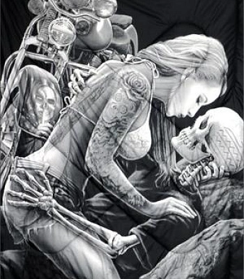 одеяло девушка, скелет, мотоцикл (ч/б)