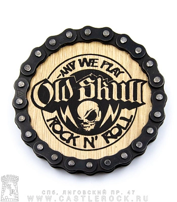 подставка под кружку с мотоцепью череп "old skull. any we play rock'n'roll"