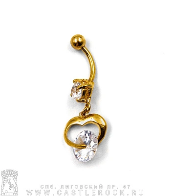 Банан Сталь Золотистый с Шариком и Стразом с Подвеской Сердце (стразы прозрачные) 1,6 х 10 х 5/8