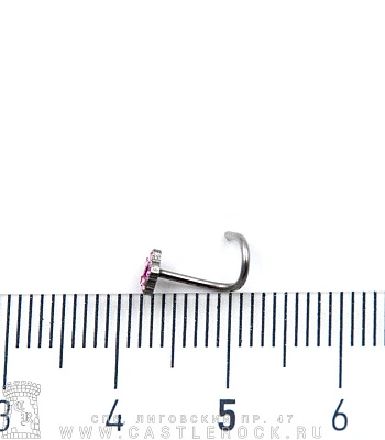 Крючок для носа Сталь с Цветком в Стразах (розовых) 0,8 х 6-8 х 4