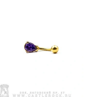 Банан Сталь Золотистый с Шариком и Стразом Капля (фиолетовым) 1,6 х 10 х 5/8