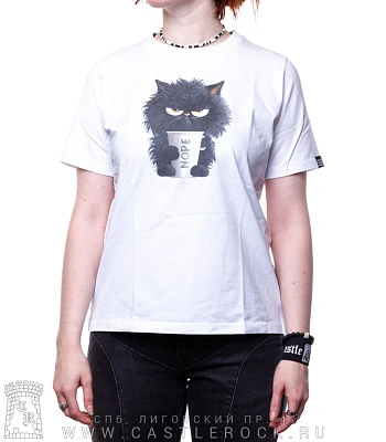 женская футболка котенок с кофе "nope" (белая, прямая, светится)