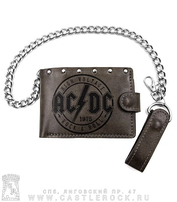 портмоне с цепью ac/dc "high voltage rock'n'roll 1975" (гравировка, на кнопке, ручная работа)