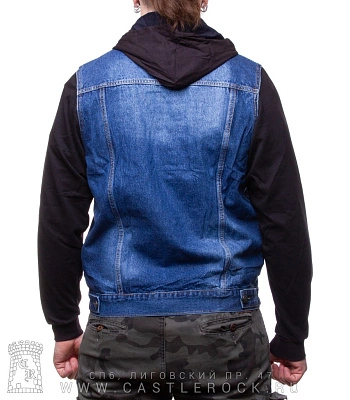куртка джинсовая синяя с капюшоном (рукава трикотаж) 7080#