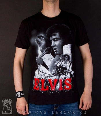 футболка elvis presley (портрет ч/б, надпись красная)