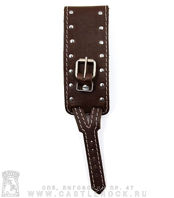 напульсник кожаный полотно 2 ремня, клепки 2 ряда, коричневый (прострочка белая, на пряжке)