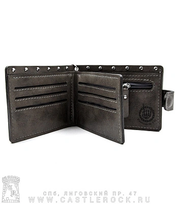 портмоне с цепью castle rock (гравировка, на кнопке, серое, ручная работа)