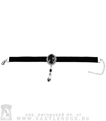 чокер бархатный черный с камнем черным и подвесом ладонь