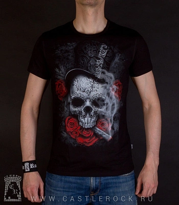 футболка череп в цилиндре с сигарой и розы (светится)