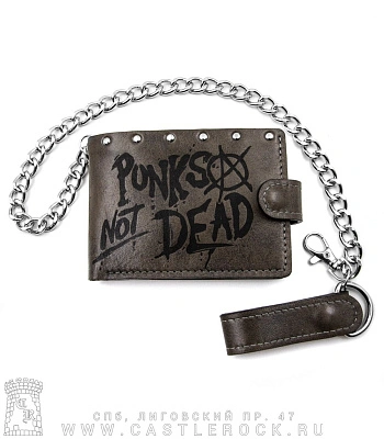 портмоне с цепью punks not dead (гравировка, на кнопке, серое, ручная работа)