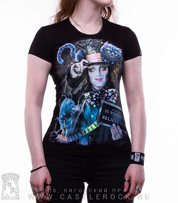 женская футболка шляпник и чеширский кот (светится)