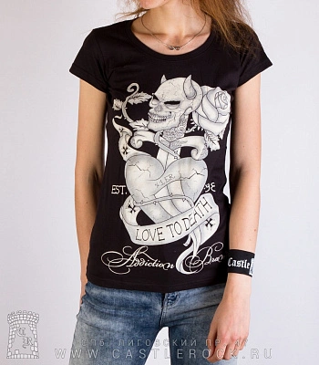 женская футболка addiction сердце череп роза "love to death"